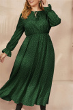 Red Polka Dot Print O Neck Flare Sleeve Belted Long Casual Vacation Cinch Waist Plus Size A Line Maxi Dresses