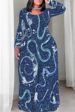 Red Graphcis Print V Neck Long Sleeve Floor Length Loose Fit Straight Maxi Dress