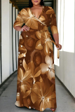 Beige Casual Graphics Print V Neck 3/4 Sleeve Lace Up Floor Length Plus Size Maxi Dresses