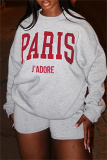 Grey Casual Letter Print O Neck Long Sleeve Fall Winter Sweatshirt And Shorts Two Pieces Shorts Sets