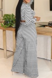 White Casual Striped Print O Neck Long Sleeve Crop Tops And Wide Leg Pants Vacation Two Pieces Trouser Sets