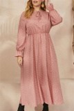 Red Polka Dot Print O Neck Flare Sleeve Belted Long Casual Vacation Cinch Waist Plus Size A Line Maxi Dresses