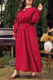 Red Polka Dot Print O Neck Flare Sleeve Belted Long Casual Vacation Cinch Waist Plus Size A Line Maxi Dresses