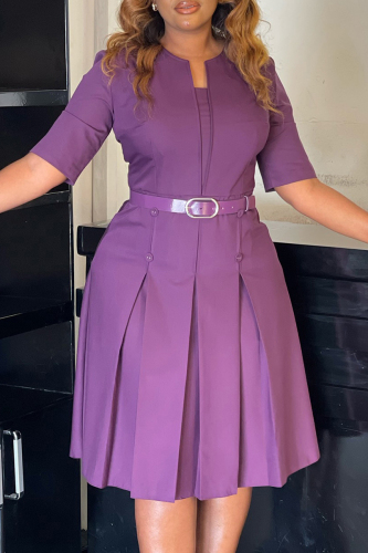 Royal Blue O Neck Half Sleeve Slit With Belt Formal Office Lady Pleated A Line Midi Dresses
