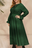 Red Polka Dot Print O Neck Flare Sleeve Belted Long Casual Vacation Cinch Waist Plus Size A Line Maxi Dresses
