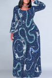 Red Graphcis Print V Neck Long Sleeve Floor Length Loose Fit Straight Maxi Dress
