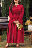 Red Polka Dot Print O Neck Flare Sleeve Belted Long Casual Vacation Cinch Waist Plus Size A Line Maxi Dresses