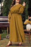 Red Polka Dot Print O Neck Flare Sleeve Belted Long Casual Vacation Cinch Waist Plus Size A Line Maxi Dresses