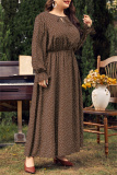 Red Polka Dot Print O Neck Flare Sleeve Belted Long Casual Vacation Cinch Waist Plus Size A Line Maxi Dresses