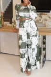 White Casual Striped Print O Neck Long Sleeve Crop Tops And Wide Leg Pants Vacation Two Pieces Trouser Sets