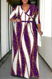 Beige Casual Graphics Print V Neck 3/4 Sleeve Lace Up Floor Length Plus Size Maxi Dresses