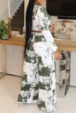 White Casual Striped Print O Neck Long Sleeve Crop Tops And Wide Leg Pants Vacation Two Pieces Trouser Sets