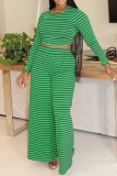 White Casual Striped Print O Neck Long Sleeve Crop Tops And Wide Leg Pants Vacation Two Pieces Trouser Sets
