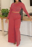White Casual Striped Print O Neck Long Sleeve Crop Tops And Wide Leg Pants Vacation Two Pieces Trouser Sets