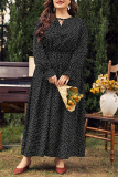 Red Polka Dot Print O Neck Flare Sleeve Belted Long Casual Vacation Cinch Waist Plus Size A Line Maxi Dresses
