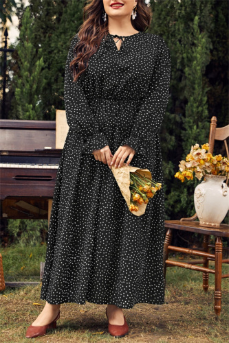 Red Polka Dot Print O Neck Flare Sleeve Belted Long Casual Vacation Cinch Waist Plus Size A Line Maxi Dresses