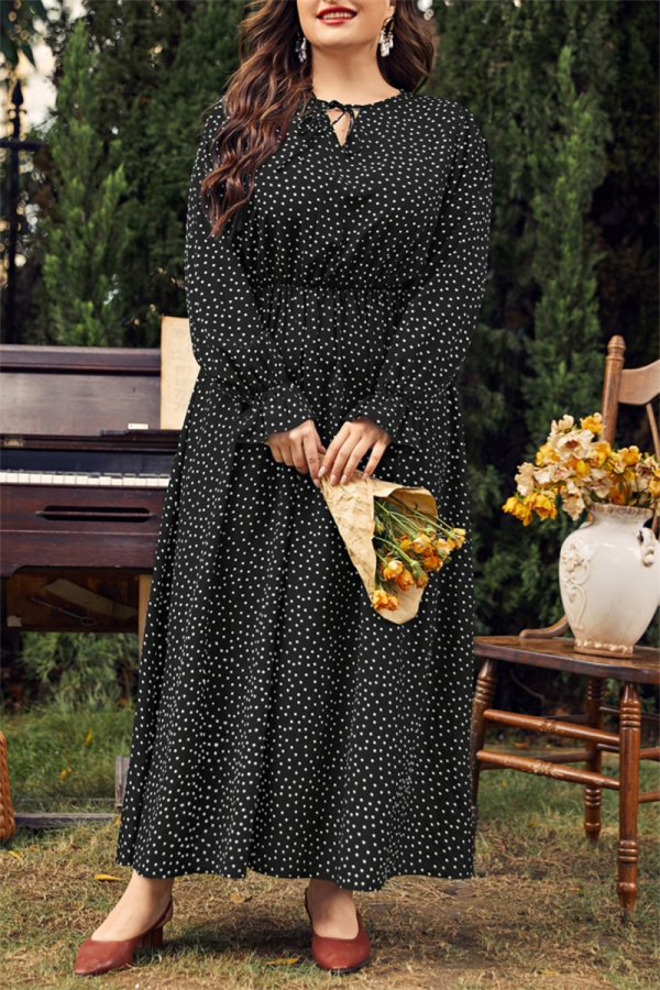 Red Polka Dot Print O Neck Flare Sleeve Belted Long Casual Vacation Cinch Waist Plus Size A Line Maxi Dresses