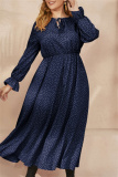 Red Polka Dot Print O Neck Flare Sleeve Belted Long Casual Vacation Cinch Waist Plus Size A Line Maxi Dresses