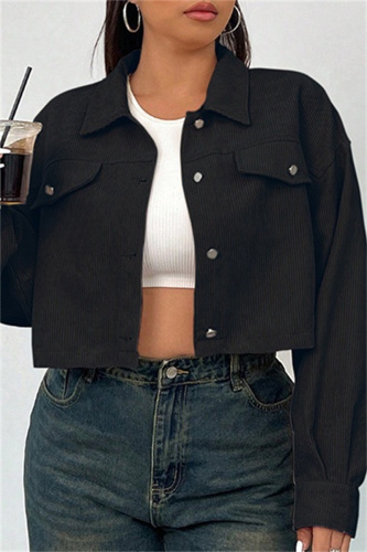 Apricot Casual Turndown Collar Long Sleeve Cardigan Plus Size Crop Jackets