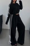 Black Casual Stripe Print Bow Decor O Neck Long Sleeve Crop Sweatshirt And Wide Leg Pants Two Pieces Trouser Sets
