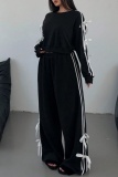 Black Casual Stripe Print Bow Decor O Neck Long Sleeve Crop Sweatshirt And Wide Leg Pants Two Pieces Trouser Sets
