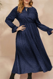 Red Polka Dot Print O Neck Flare Sleeve Belted Long Casual Vacation Cinch Waist Plus Size A Line Maxi Dresses