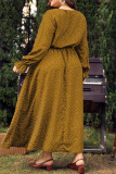 Red Polka Dot Print O Neck Flare Sleeve Belted Long Casual Vacation Cinch Waist Plus Size A Line Maxi Dresses