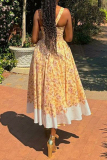 Yellow Floral Print Sleeveless Backless Square Neck Buckle Vacation A Line Pleated Midi Dresses