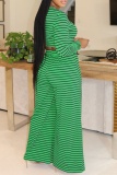 White Casual Striped Print O Neck Long Sleeve Crop Tops And Wide Leg Pants Vacation Two Pieces Trouser Sets