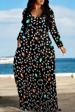Light Khaki Casual Colorblock Floral Print O Neck Long Sleeve Pocket Floor Length Maxi Dresses