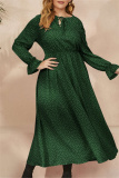 Red Polka Dot Print O Neck Flare Sleeve Belted Long Casual Vacation Cinch Waist Plus Size A Line Maxi Dresses