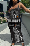 Dark Gray Graphics Print Sleeveless Backless Square Neck Vacation Bodycon Maxi Slip Dress