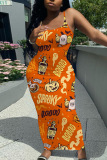 Orange Halloween Pumpkin Print Sleeveless Backless Square Neck Vacation Bodycon Maxi Slip Dress