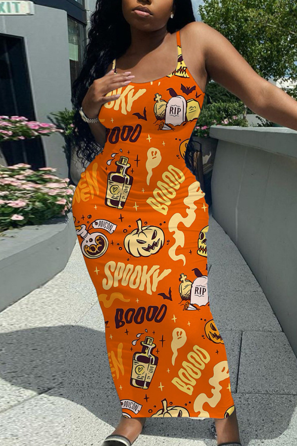 Orange Halloween Pumpkin Print Sleeveless Backless Square Neck Vacation Bodycon Maxi Slip Dress