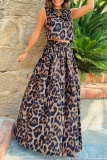 Casual Leopard Backless O Neck Sleeveless Tank Crop Tops And Pleated Maxi Skirt Vacation Two Pieces Dress Sets