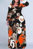 White Graphcis Print Crewneck Long Sleeve Plus Size Straight Loose Maxi Dresses