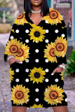 Black Orange Casual Floral Print V Neck Short Sleeve Loose Pockets Midi T-Shirt Dress