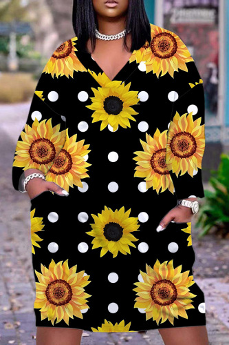 Black Orange Casual Floral Print V Neck Short Sleeve Loose Pockets Midi T-Shirt Dress