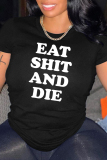Black White Casual Letter Print O Neck Short Sleeve Slim Fitted T-Shirts