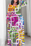 White Graphcis Print Crewneck Long Sleeve Plus Size Straight Loose Maxi Dresses