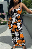 Orange Halloween Pumpkin Print Sleeveless Backless Square Neck Vacation Bodycon Maxi Slip Dress