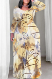White Graphcis Print Crewneck Long Sleeve Plus Size Straight Loose Maxi Dresses