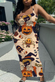 Orange Halloween Pumpkin Print Sleeveless Backless Square Neck Vacation Bodycon Maxi Slip Dress