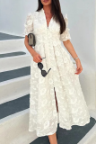 White Casual V Neck Short Sleeve Jacquard Buckle Side Slip Vacation A Line Maxi Dresses