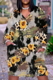 Orange Casual Floral Print V Neck Short Sleeve Loose Pockets Midi T-Shirt Dress