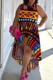 Yellow Blue Casual Boho Graphics Print Sleeveless O Neck Irregular Hem Vacation Plus Size Tank Dresses