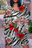 Orange Casual Floral Print V Neck Short Sleeve Loose Pockets Midi T-Shirt Dress
