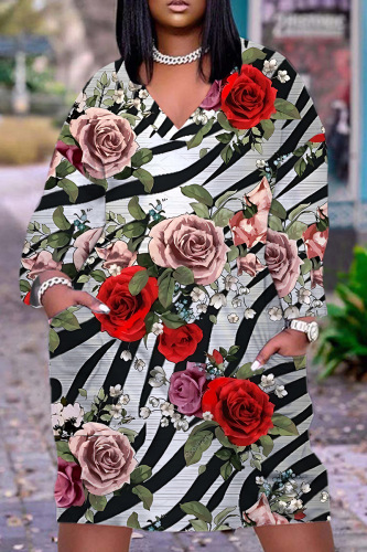 Orange Casual Floral Print V Neck Short Sleeve Loose Pockets Midi T-Shirt Dress