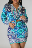 Red Casual Boho Floral Print Turndown Collar Long Sleeve Buckle Blouse And Mini Skirt Vacation Two Pieces Dress Sets