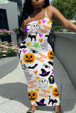 Orange Halloween Pumpkin Print Sleeveless Backless Square Neck Vacation Bodycon Maxi Slip Dress